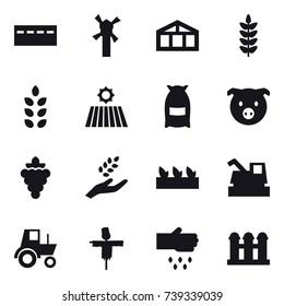 16 vector icon set : bunker, windmill, greenhouse, spikelets, field, flour, pig, grape, harvest, seedling, harvester, tractor, scarecrow, sow, grain elevator