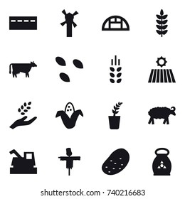 16 vector icon set : bunker, windmill, greenhouse, cow, seeds, spikelets, field, harvest, corn, seedling, sheep, harvester, scarecrow, potato, fertilizer