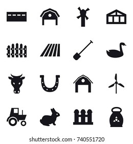 16 vector icon set : bunker, barn, windmill, greenhouse, fence, field, shovel, goose, cow, horseshoe, tractor, rabbit, grain elevator, fertilizer
