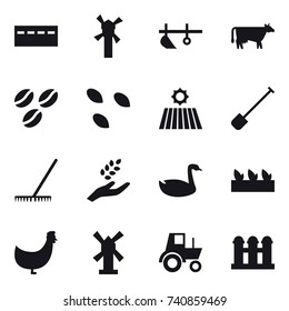 16 vector icon set : bunker, windmill, plow, cow, coffee seeds, seeds, field, shovel, rake, harvest, goose, seedling, chicken, tractor, grain elevator