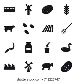 16 vector icon set : bunker, windmill, cow, seeds, field, fork, sickle, flour, seedling, goose, sheep, potato