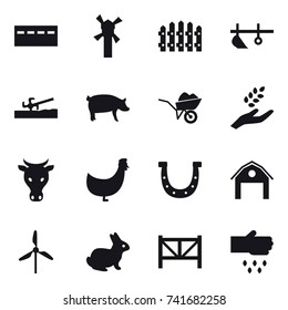 16 vector icon set : bunker, windmill, fence, plow, soil cutter, pig, wheelbarrow, harvest, cow, chicken, horseshoe, barn, rabbit, farm fence, sow