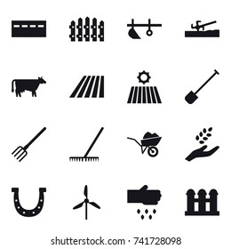 16 vector icon set : bunker, fence, plow, soil cutter, cow, field, shovel, fork, rake, wheelbarrow, harvest, horseshoe, windmill, sow, grain elevator