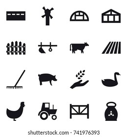 16 vector icon set : bunker, windmill, greenhouse, fence, plow, cow, field, rake, pig, harvest, goose, chicken, tractor, farm fence, fertilizer
