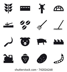 16 vector icon set : bunker, windmill, greenhouse, soil cutter, coffee seeds, fork, rake, sickle, pig, seedling, harvester, strawberry, potato, peas