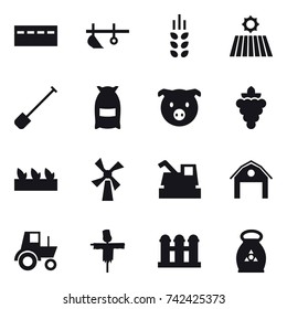 16 vector icon set : bunker, plow, spikelets, field, shovel, flour, pig, grape, seedling, windmill, harvester, barn, tractor, scarecrow, grain elevator, fertilizer