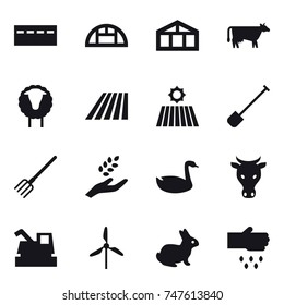 16 vector icon set : bunker, greenhouse, cow, sheep, field, shovel, fork, harvest, goose, harvester, windmill, rabbit, sow