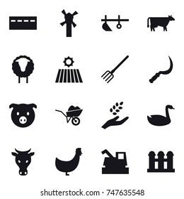 16 vector icon set : bunker, windmill, plow, cow, sheep, field, fork, sickle, pig, wheelbarrow, harvest, goose, chicken, harvester, grain elevator