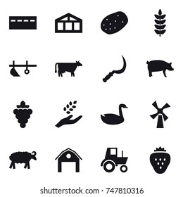 16 vector icon set : bunker, greenhouse, plow, cow, sickle, pig, grape, harvest, goose, windmill, sheep, barn, tractor, strawberry