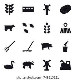 16 vector icon set : bunker, windmill, cow, seeds, spikelets, field, fork, rake, pig, seedling, goose, sheep, harvester