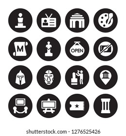 16 vector icon set : Bust, museum Ticket, Canvas, Exhibition, Map, antique Column, paper Scroll, roman or greek Helmet, Open isolated on black background