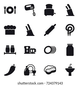 16 vector icon set : cafe, mixer, toaster, stands for knives, chef  hat, knife holder, rolling pin, hot pepper, dish cleanser, sponge with foam, water tap sink