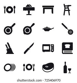 16 vector icon set : cafe, restaurant, table, Chair for babies, pan, skimmer, knife holder, knife, wine