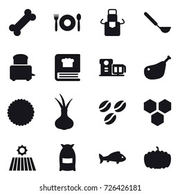 16 vector icon set : cafe, apron, ladle, coffee seeds, honeycombs, field, flour, fish, pumpkin