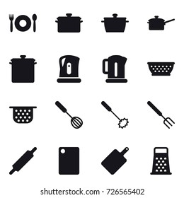 16 vector icon set : cafe, pan, saute pan, kettle, kolander, colander, whisk, big fork, rolling pin, cutting board