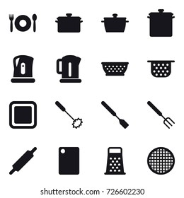 16 vector icon set : cafe, pan, kettle, kolander, colander, cutting board, whisk, spatula, big fork, rolling pin