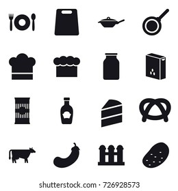 16 vector icon set : cafe, cutting board, pan, cook hat, chef  hat, cow, eggplant, grain elevator, potato