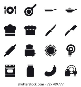 16 vector icon set : cafe, pan, cook hat, chef  hat, knife, chef knife, rolling pin, eggplant, dish cleanser
