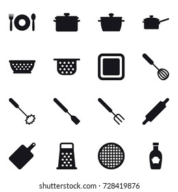16 vector icon set : cafe, pan, saute pan, kolander, colander, cutting board, whisk, spatula, big fork, rolling pin