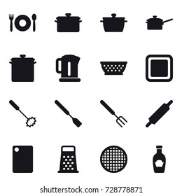 16 vector icon set : cafe, pan, saute pan, kettle, kolander, cutting board, whisk, spatula, big fork, rolling pin