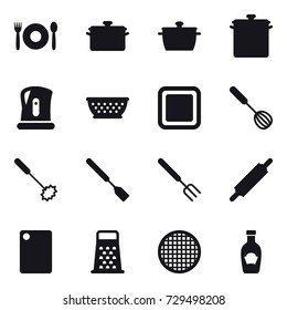 16 vector icon set : cafe, pan, kettle, kolander, cutting board, whisk, spatula, big fork, rolling pin