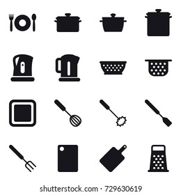 16 vector icon set : cafe, pan, kettle, kolander, colander, cutting board, whisk, spatula, big fork