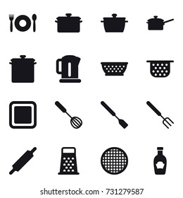16 vector icon set : cafe, pan, saute pan, kettle, kolander, colander, cutting board, whisk, spatula, big fork, rolling pin