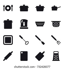 16 vector icon set : cafe, pan, saute pan, kettle, kolander, colander, cutting board, whisk, spatula, big fork, rolling pin