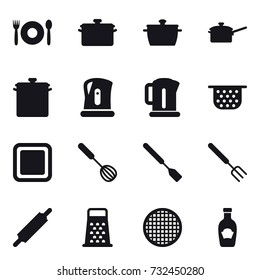 16 vector icon set : cafe, pan, saute pan, kettle, colander, cutting board, whisk, spatula, big fork, rolling pin