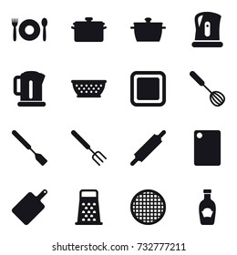 16 vector icon set : cafe, pan, kettle, kolander, cutting board, whisk, spatula, big fork, rolling pin