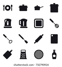 16 vector icon set : cafe, pan, saute pan, kettle, cutting board, whisk, spatula, rolling pin