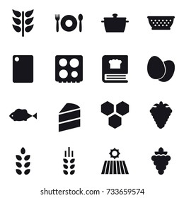 16 vector icon set : cafe, pan, kolander, cutting board, honeycombs, berry, spikelets, field, grape
