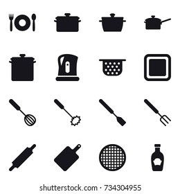16 vector icon set : cafe, pan, saute pan, kettle, colander, cutting board, whisk, spatula, big fork, rolling pin