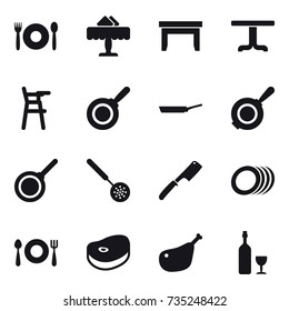 16 vector icon set : cafe, restaurant, table, Chair for babies, pan, skimmer, chef knife, wine