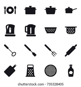 16 vector icon set : cafe, pan, saute pan, kettle, kolander, colander, whisk, spatula, big fork, rolling pin, cutting board