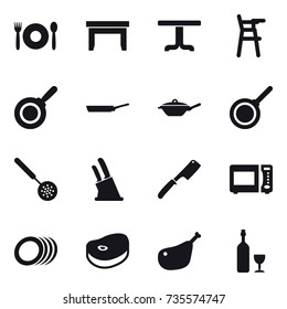 16 vector icon set : cafe, table, Chair for babies, pan, skimmer, knife holder, chef knife, wine