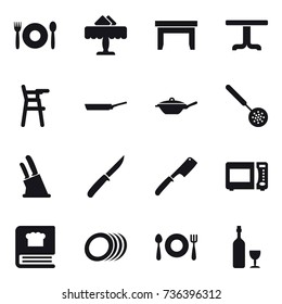 16 vector icon set : cafe, restaurant, table, Chair for babies, pan, skimmer, knife holder, knife, chef knife, wine