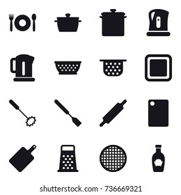 16 vector icon set : cafe, pan, kettle, kolander, colander, cutting board, whisk, spatula, rolling pin