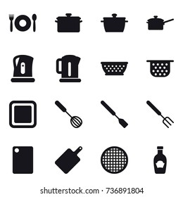 16 vector icon set : cafe, pan, saute pan, kettle, kolander, colander, cutting board, whisk, spatula, big fork