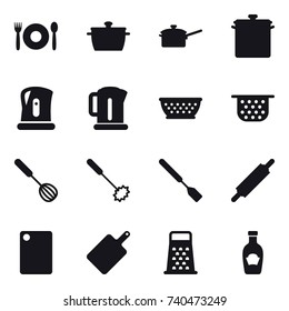 16 vector icon set : cafe, pan, saute pan, kettle, kolander, colander, whisk, spatula, rolling pin, cutting board