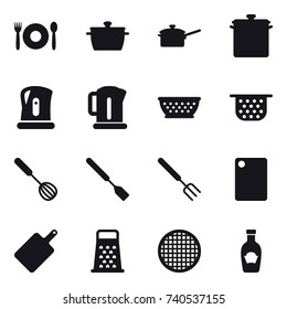 16 vector icon set : cafe, pan, saute pan, kettle, kolander, colander, whisk, spatula, big fork, cutting board