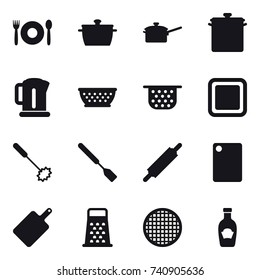 16 vector icon set : cafe, pan, saute pan, kettle, kolander, colander, cutting board, whisk, spatula, rolling pin