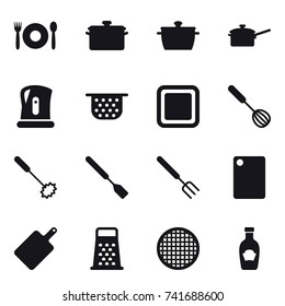 16 vector icon set : cafe, pan, saute pan, kettle, colander, cutting board, whisk, spatula, big fork