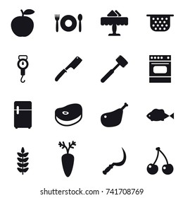 16 vector icon set : cafe, restaurant, colander, handle scales, chef knife, meat hammer, sickle, cherry