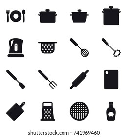 16 vector icon set : cafe, pan, kettle, colander, whisk, spatula, big fork, rolling pin, cutting board