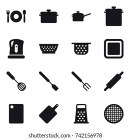 16 vector icon set : cafe, pan, saute pan, kettle, colander, cutting board, whisk, spatula, big fork, rolling pin