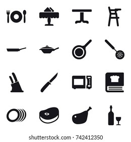 16 vector icon set : cafe, restaurant, table, Chair for babies, pan, skimmer, knife holder, knife, wine