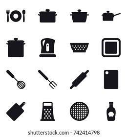 16 vector icon set : cafe, pan, saute pan, kettle, kolander, cutting board, whisk, big fork, rolling pin