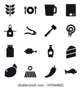 16 vector icon set : cafe, cup, kitchen scales, apron, walnut crack, meat hammer, field, hot pepper, fish