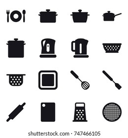 16 vector icon set : cafe, pan, saute pan, kettle, kolander, colander, cutting board, whisk, spatula, rolling pin